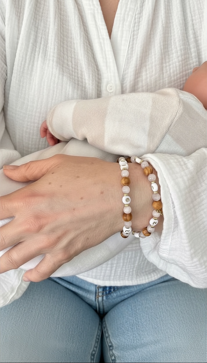 Bracelet d’allaitement en bois & quartz rose