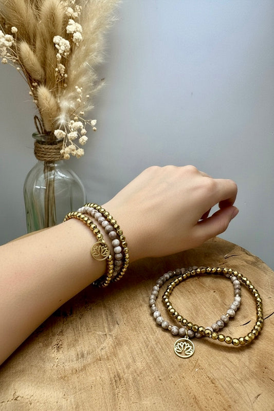 Bracelets en Pierre de Maifan & Pyrite naturelle – Lotus doré