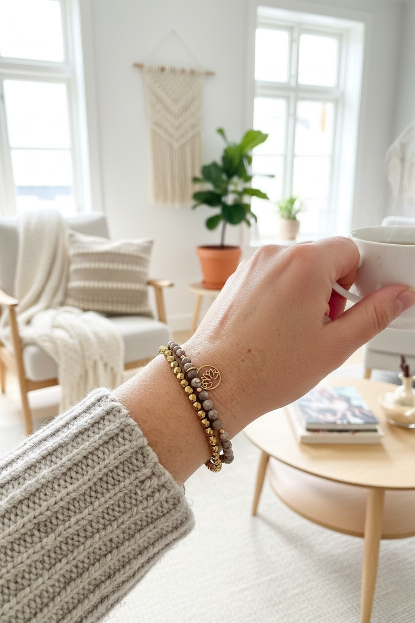 Bracelets en Pierre de Maifan & Pyrite naturelle – Lotus doré