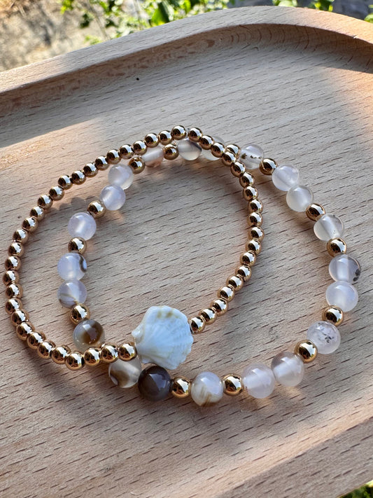Bracelets d’été en pierres naturelles Agate et Céramique motif coquillage