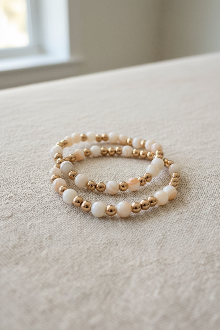 Collection Hématite Dorée & Nacre – Bracelets et Bagues artisanaux