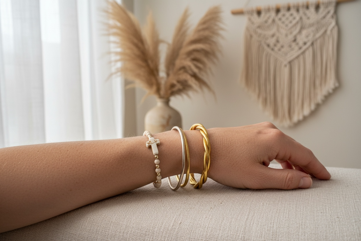 Bracelet en pierre naturelle Fossile beige – Croix chrétienne en howlite