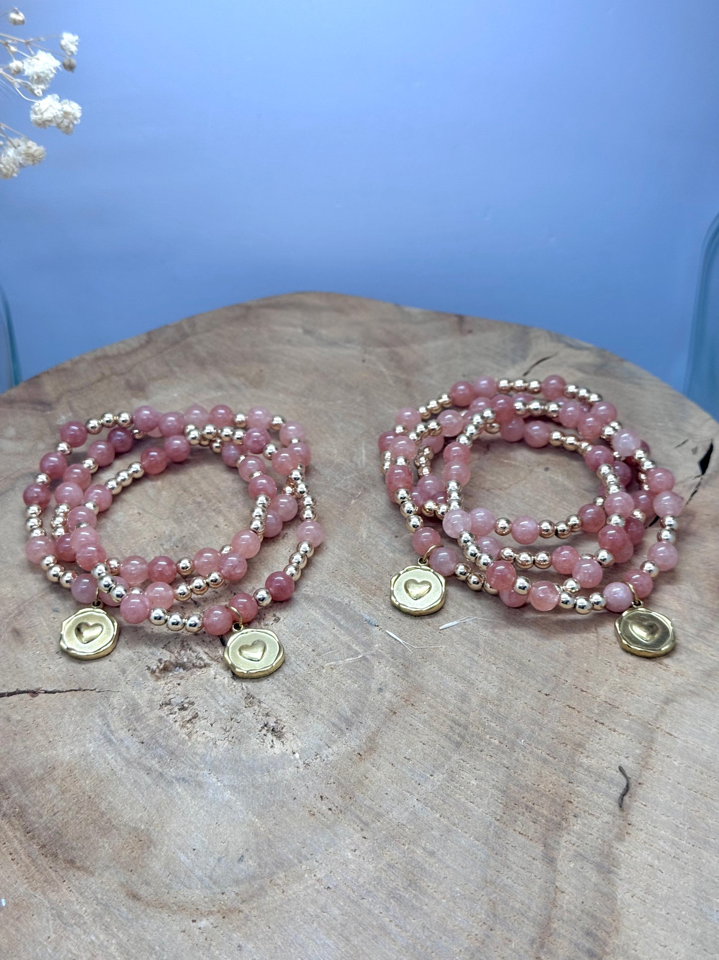 Bracelet en pierre de soleil et hématite dorée – 6 mm