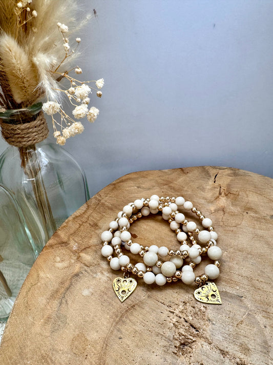 Bracelets en pierre naturelle blanche et acier inoxydable : Cœur mystique