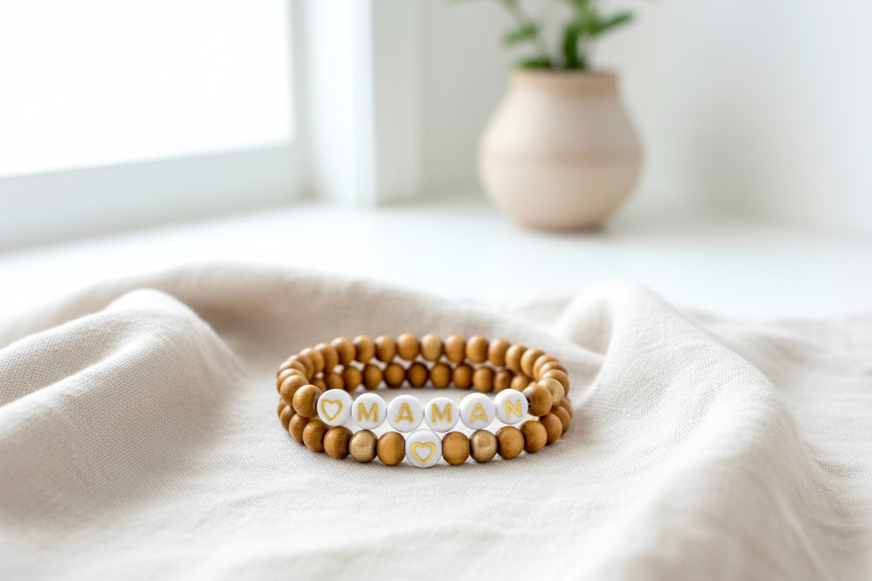 Lot de 2 Bracelets en Bois Cadeau fête des mères