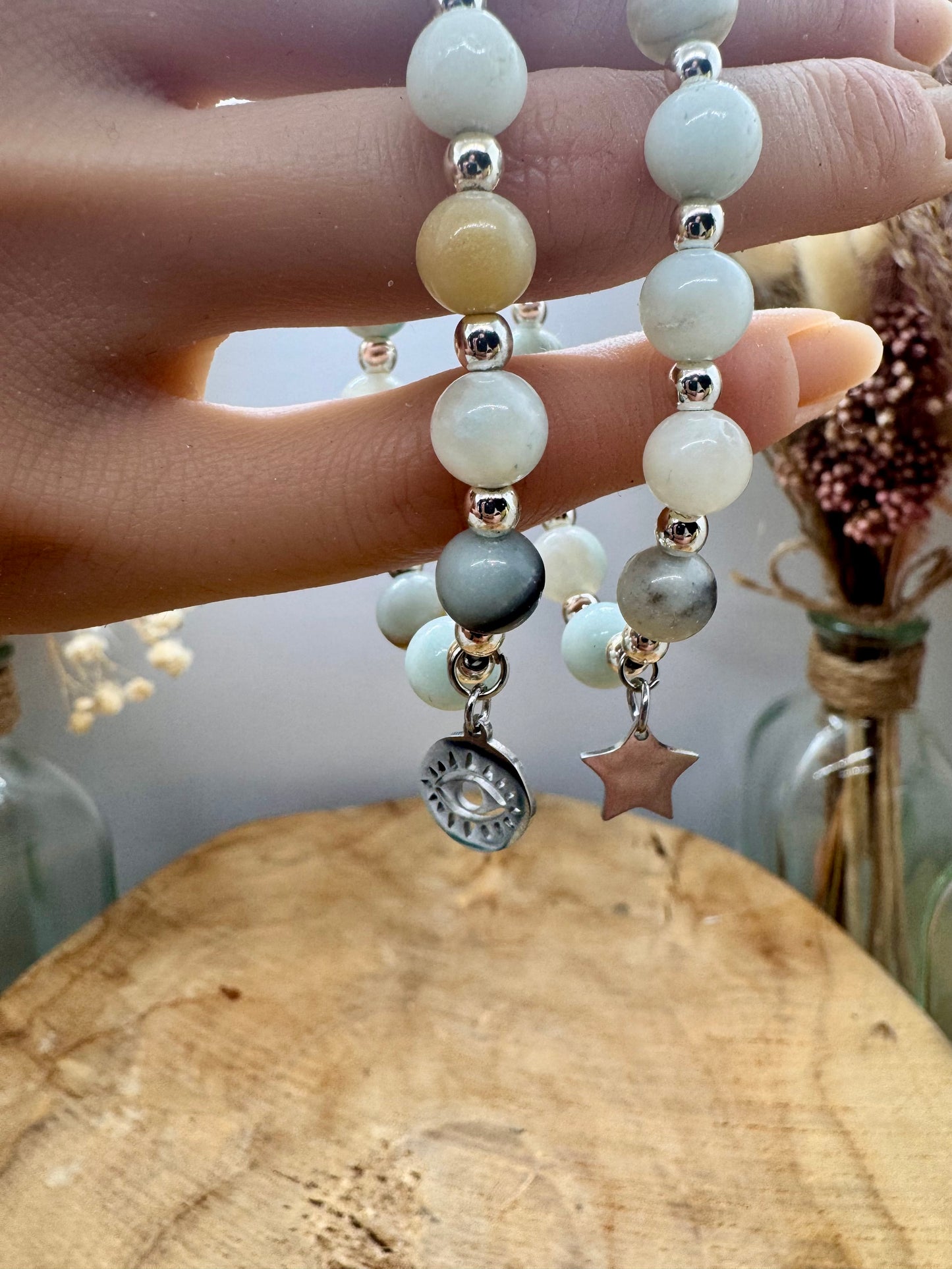 Bracelet en Amazonite véritable et breloques bohème en acier inoxydable