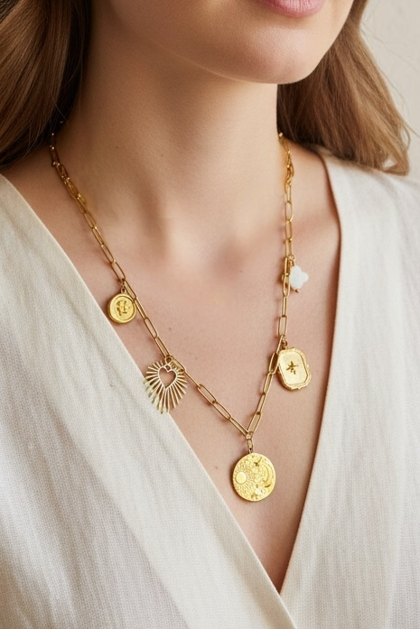 Collier a breloques grigri bohème en acier inoxydable doré
