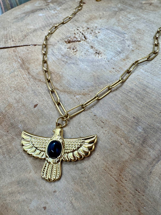 Collier Acier Inoxydable Doré – Chaîne Gros Maillons avec Pendentif Aigle et Pierre Onyx