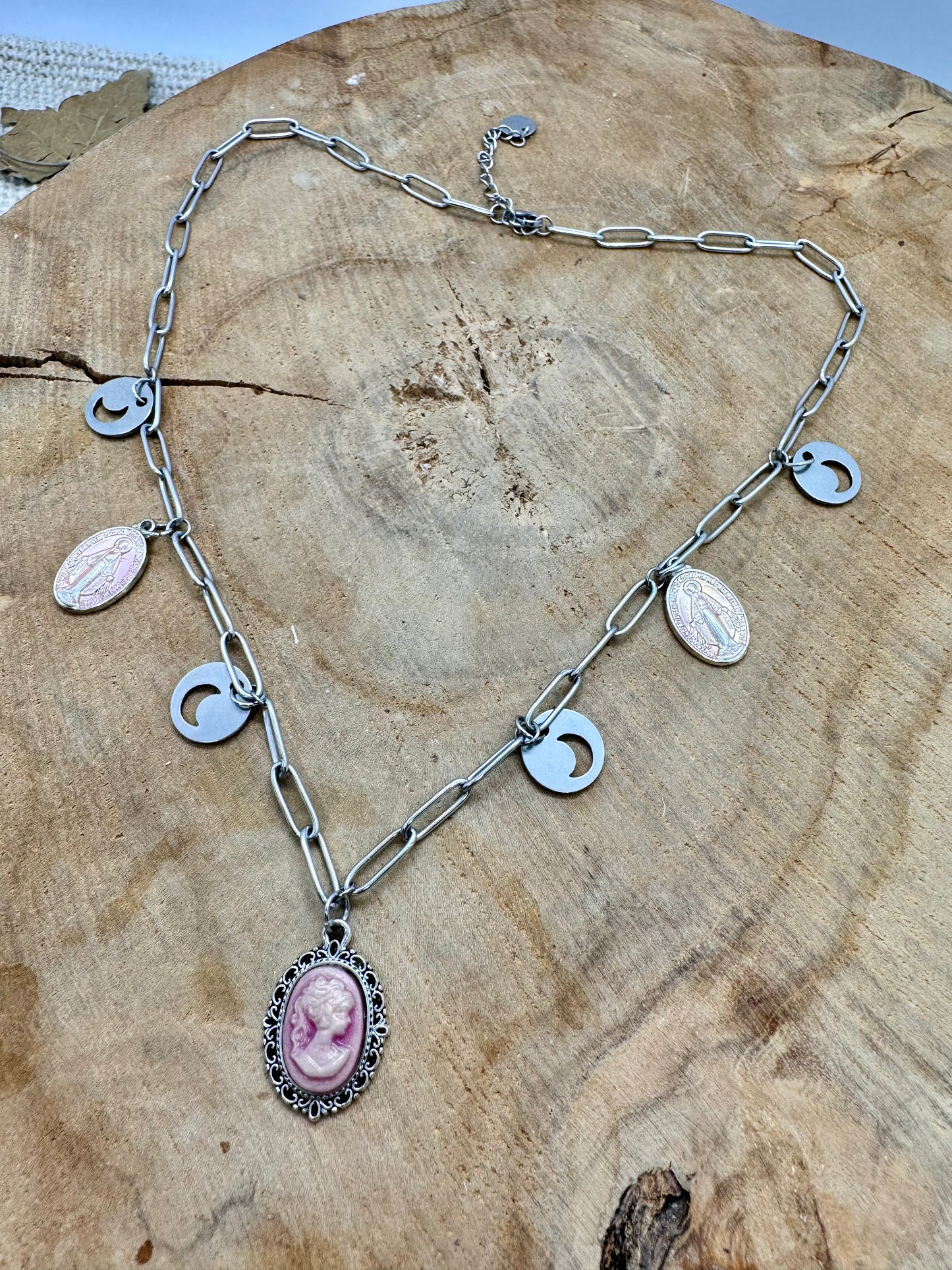 Collier acier inoxydable avec breloques talisman pendentif Médaille Camée Rose