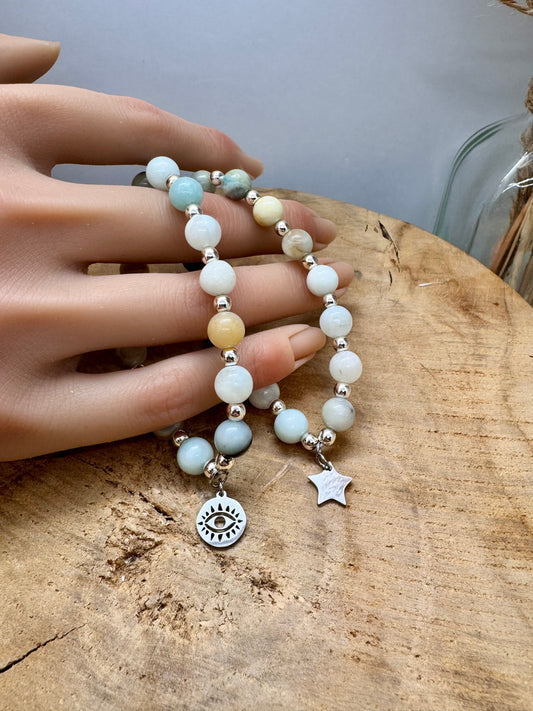Bracelet en Amazonite véritable et breloques bohème en acier inoxydable