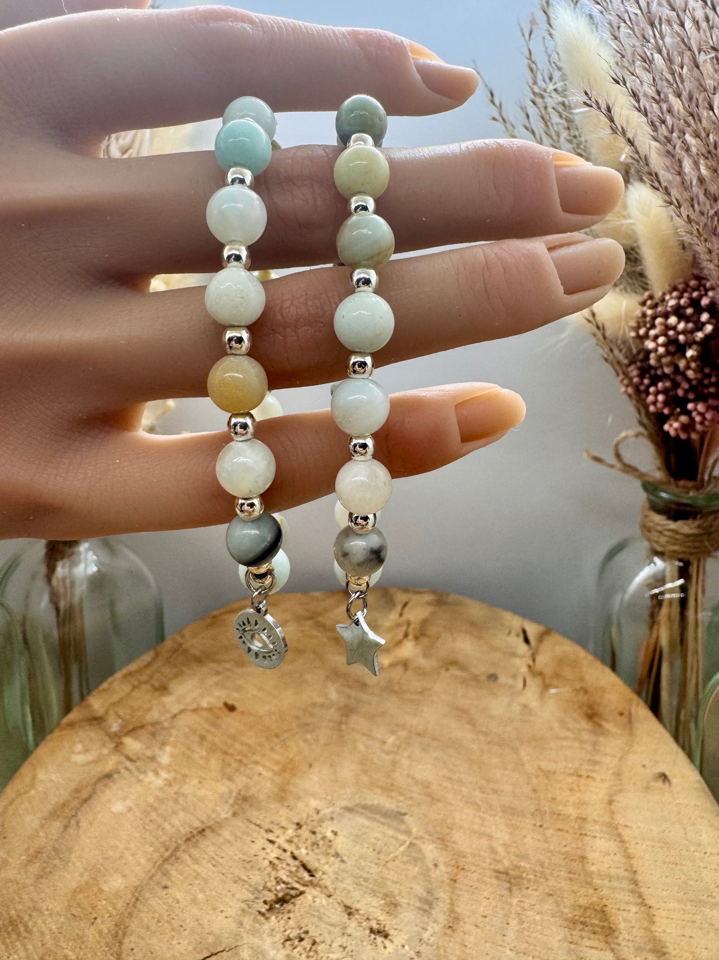 Bracelet en Amazonite véritable et breloques bohème en acier inoxydable