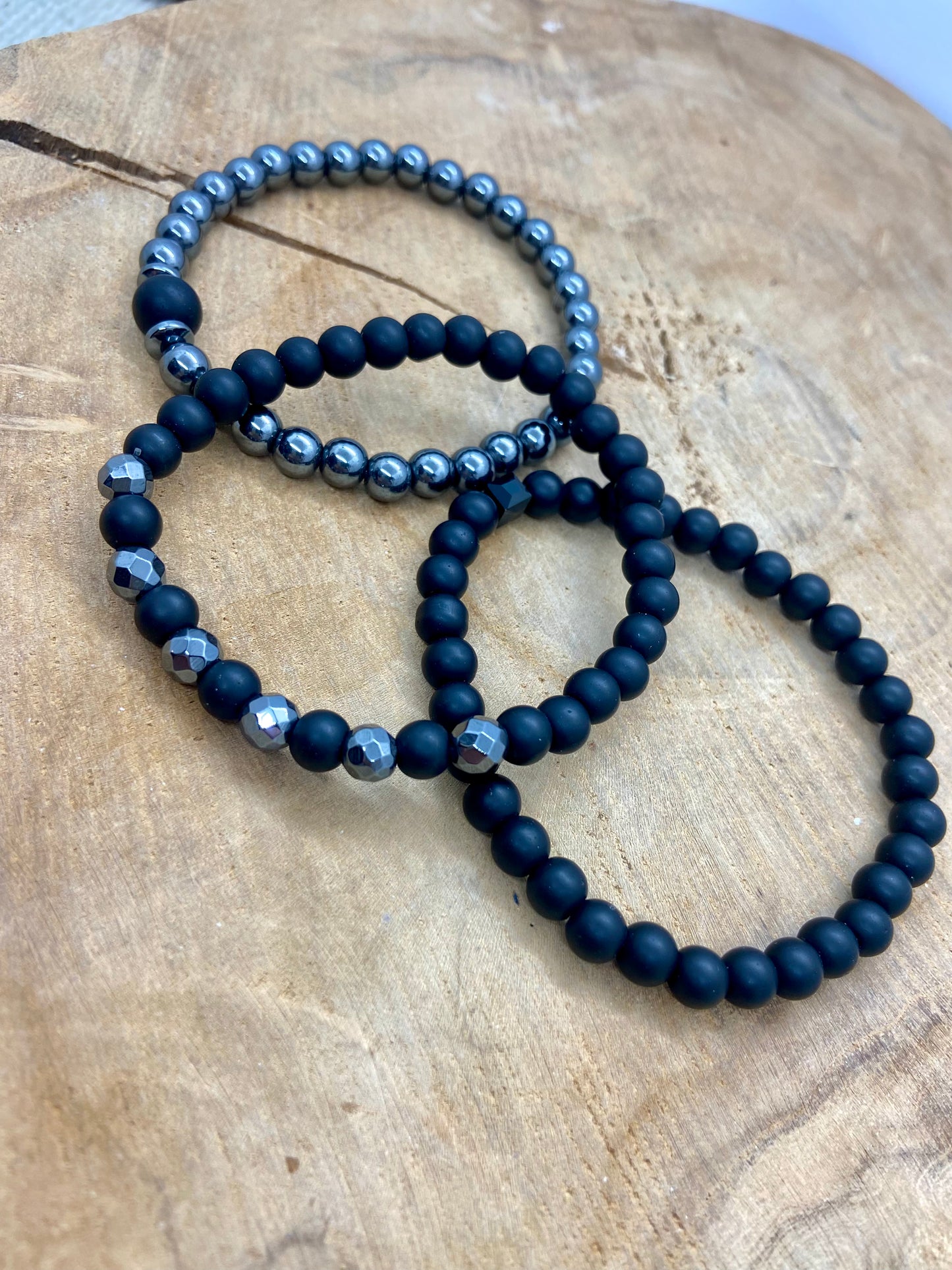 Trio de bracelets Hommes / grandes tailles en pierre naturelle noire (hématite et onyx mat)