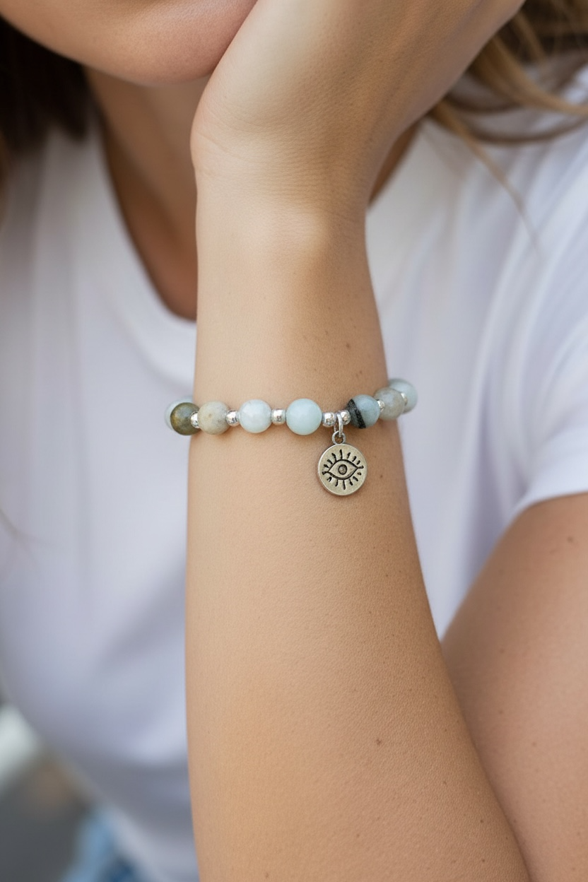 Bracelet en Amazonite véritable et breloques bohème en acier inoxydable