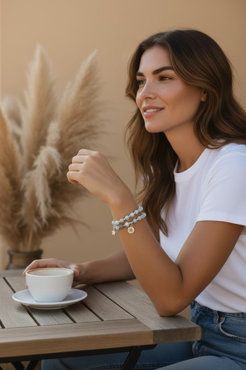 Bracelet en Amazonite véritable et breloques bohème en acier inoxydable