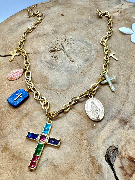 Collier acier inoxydable avec breloques talisman pendentif croix multicolore