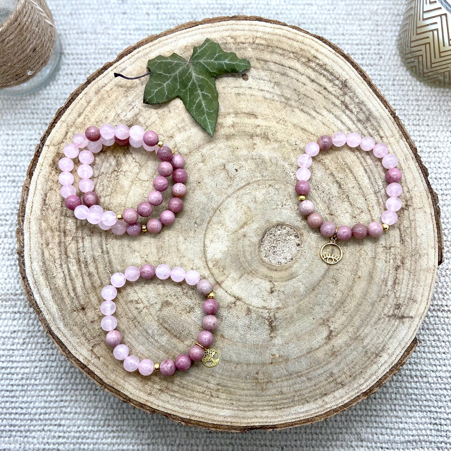 Bracelets en rhodonite et quartz rose bohème chic