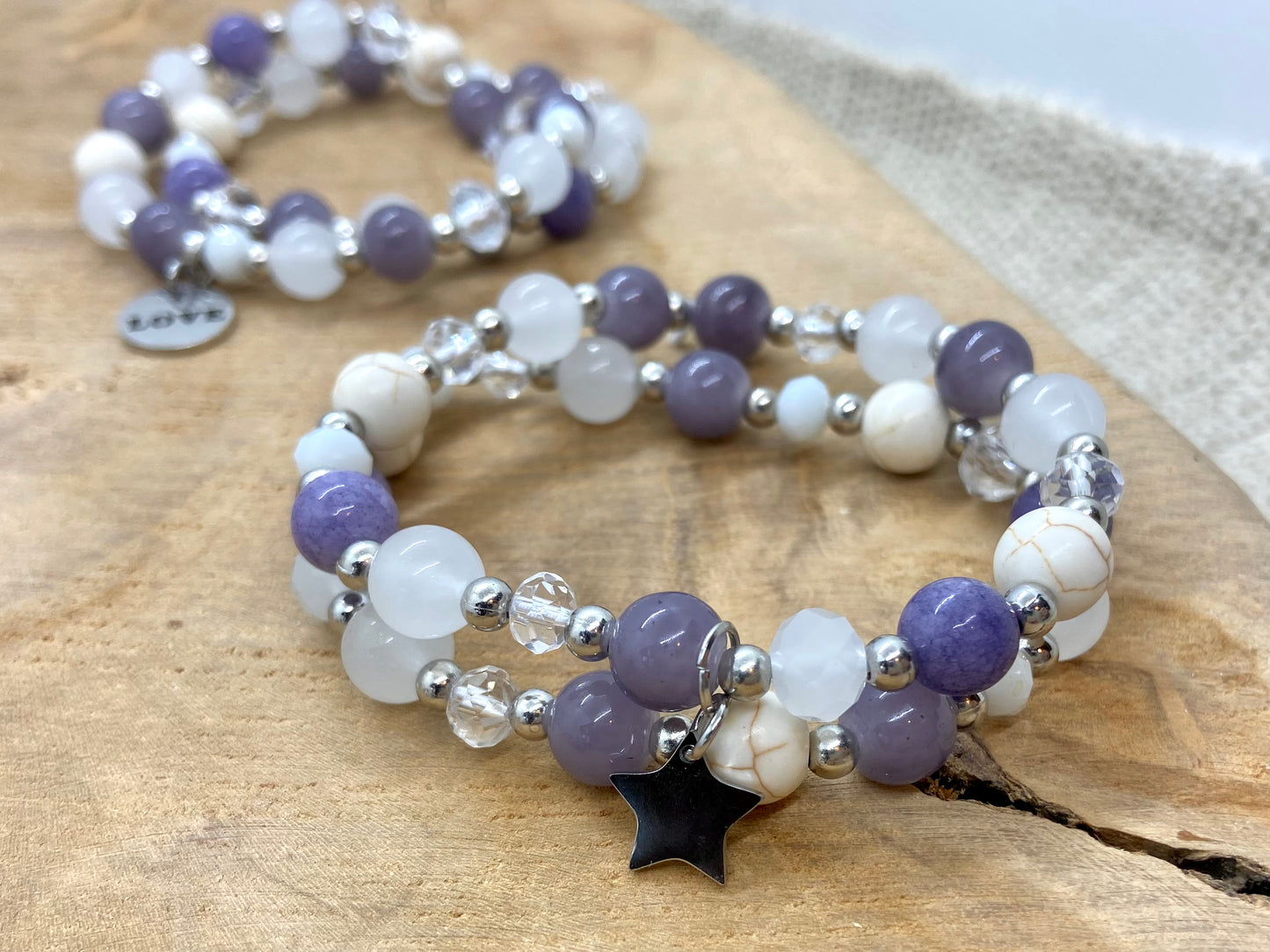 Duo de bracelet en pierre Améthyste violette et perles en verre