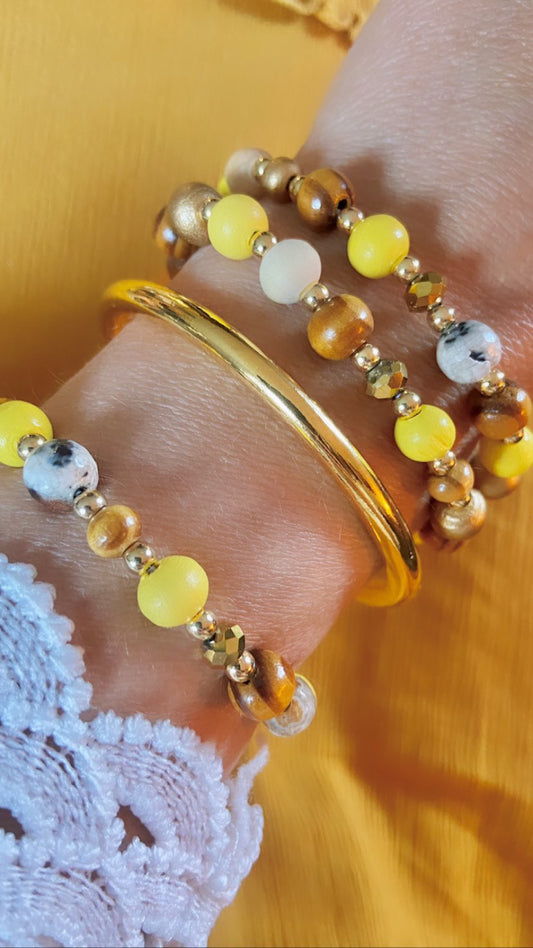 Bracelets Pierres agate folle et bois thème jaune